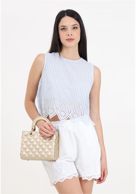 Light blue women's blouse with striped pattern and lace on the bottom ONLY | Blouses | 15321220Bright White