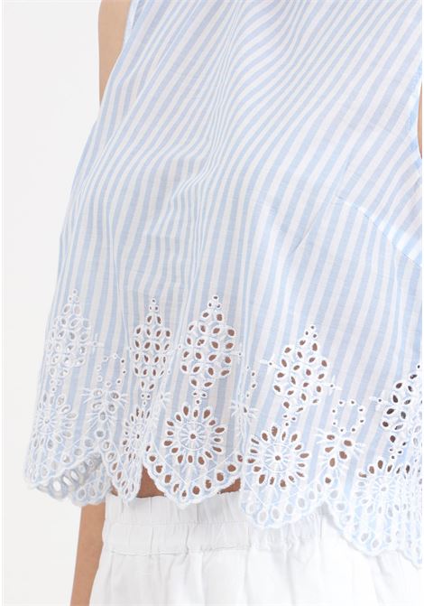 Light blue women's blouse with striped pattern and lace on the bottom ONLY | Blouses | 15321220Bright White