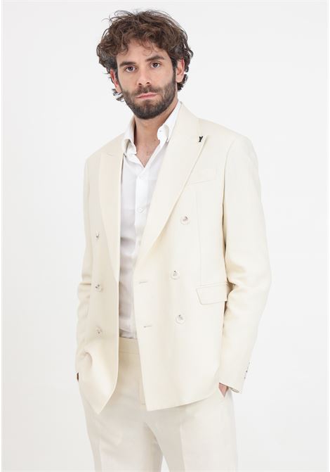 Elegant cream men's jacket with fly logo brooch detail PATRIZIA PEPE | Blazer | 5S0744/A052W337