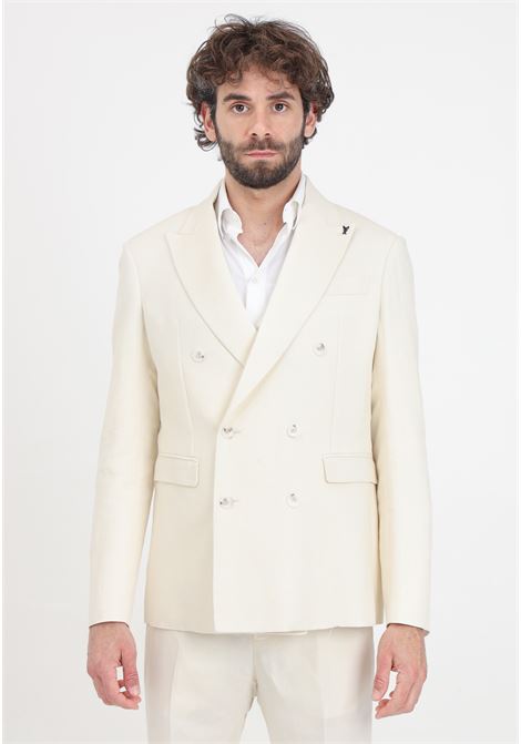 Elegant cream men's jacket with fly logo brooch detail PATRIZIA PEPE | Blazer | 5S0744/A052W337