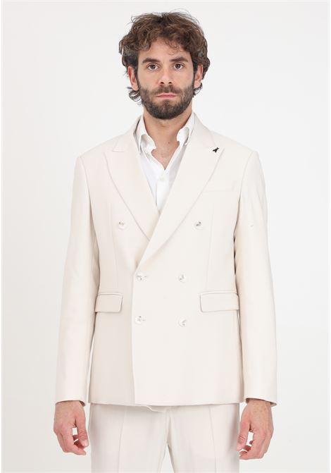 Elegant cream men's jacket with fly logo brooch detail PATRIZIA PEPE | 5S0744/A087W337