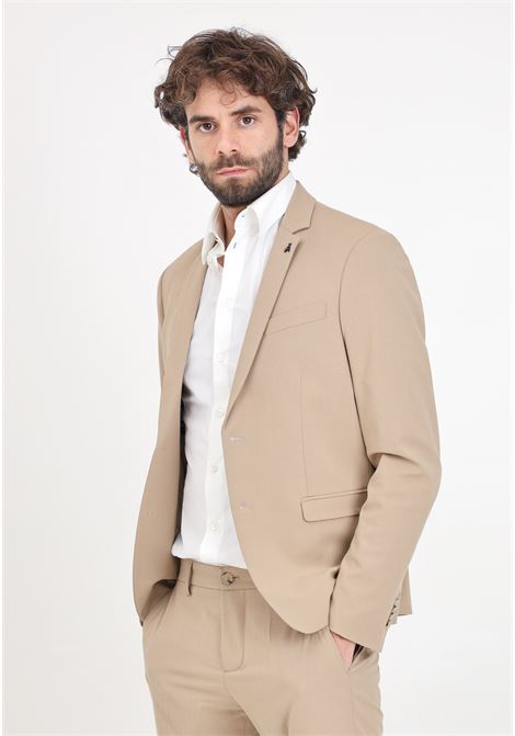 Elegant camel men's jacket with fly logo brooch detail PATRIZIA PEPE | 5SS652/A2LHB524