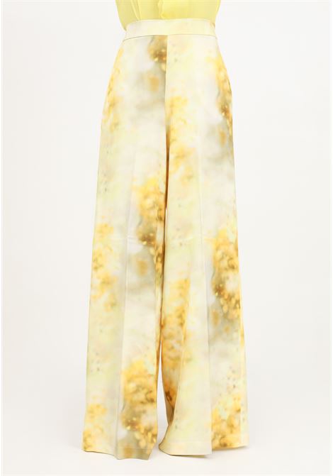 Pantalone da donna in raso giallo con fantasia a palazzo PINKO | Pantaloni | 100757-A1K9HS4