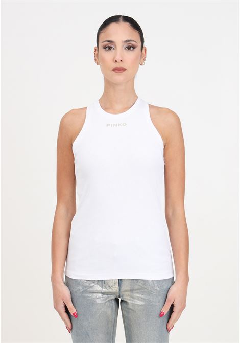 Women's white ribbed top with lettering logo PINKO | 100822-A15EZ04