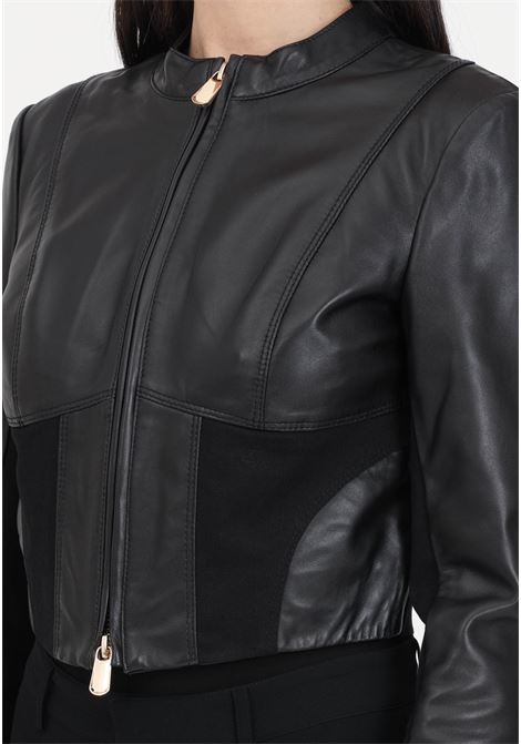 Women's short black limousine biker jacket in leather and fabric PINKO | Jackets | 103010-A1KBZ99