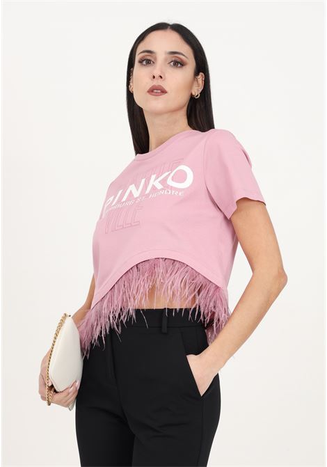 T-shirt da donna rosa orchidea pinko cities con piume PINKO | T-shirt | 103130-A1LVN98