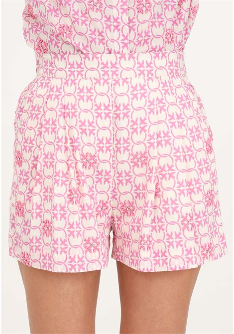 Shorts da donna color burro/rosa in mussola di cotone monogram ricamata PINKO | Shorts | 103192-A1Q1DN3