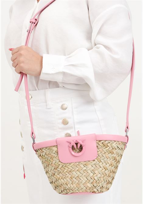 Pink and beige women's bag Love summer raffia bucket PINKO | 103325-A1RLCP1B