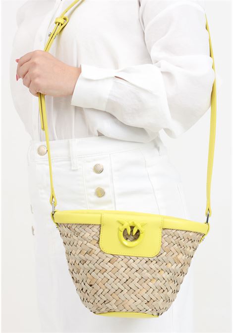 Borsa da donna gialla e beige Love summer secchiello in rafia PINKO | 103325-A1RLO9YB