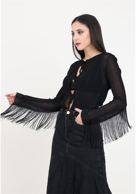 Lightweight black women's cardigan with fringes on the back PINKO | Cardigan | 103507-A1V8Z99