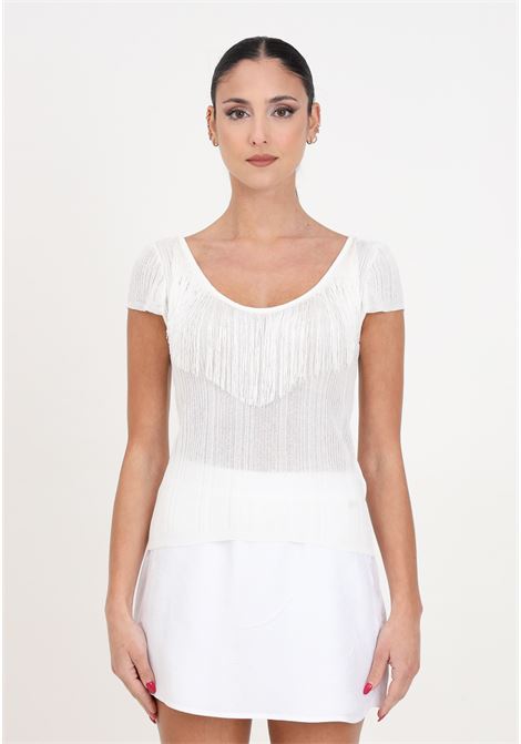 White ribbed women's top with thin fringes PINKO | 103588-A1V8Z05