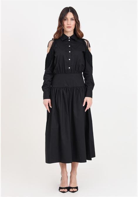 Long black shirt dress for women with open shoulders and fringes PINKO | Dresses | 103630-A1X8Z99