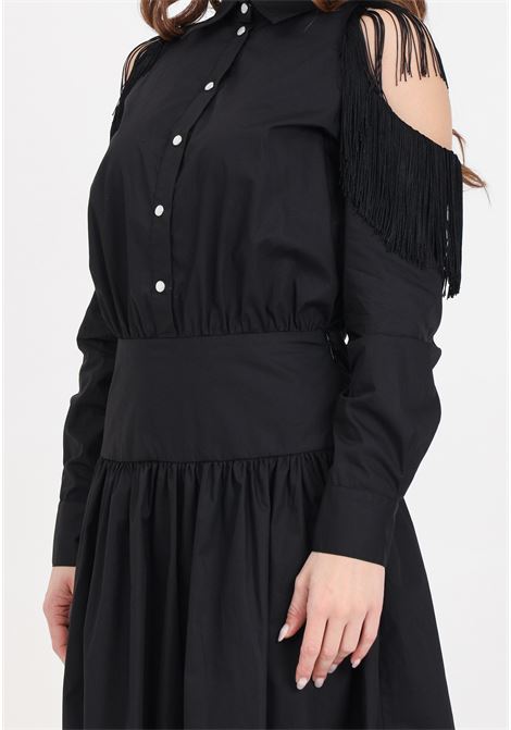 Long black shirt dress for women with open shoulders and fringes PINKO | 103630-A1X8Z99