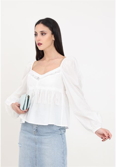 White women's blouse with wide neckline and thin fringes PINKO | 103739-A1XNZ05