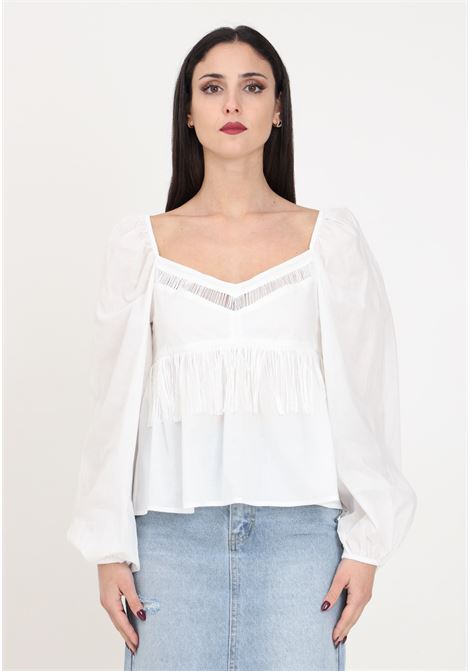 White women's blouse with wide neckline and thin fringes PINKO | Blouses | 103739-A1XNZ05