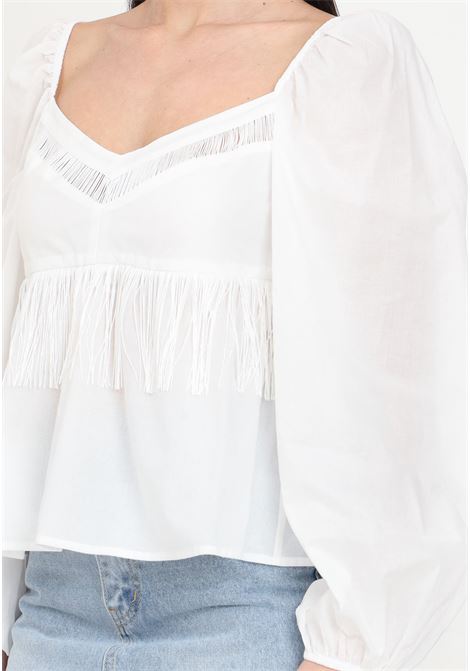 Blusa da donna bianca con scollo ampio e frange sottili PINKO | 103739-A1XNZ05