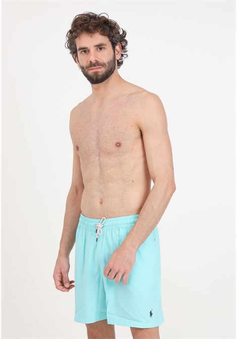 Shorts mare da uomo verde acqua con ricamo logo laterale a contrasto RALPH LAUREN | 710907255004HAMMOND BLUE
