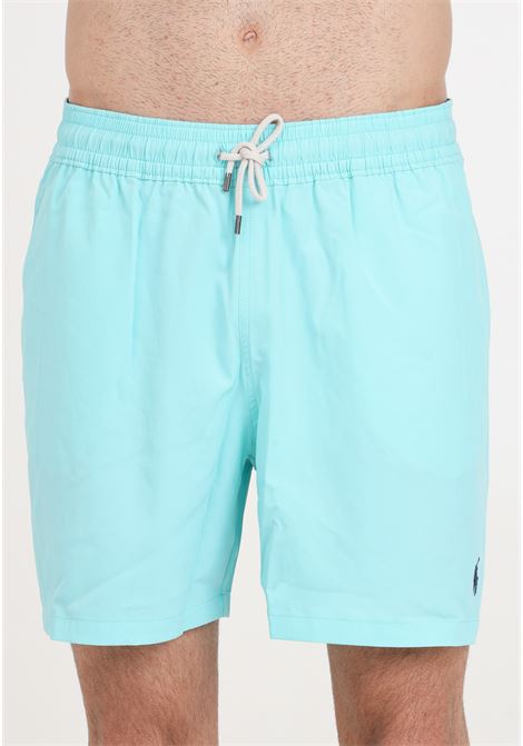 Aqua green men's swim shorts with contrasting side logo embroidery RALPH LAUREN | 710907255004HAMMOND BLUE