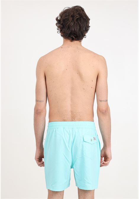 Shorts mare da uomo verde acqua con ricamo logo laterale a contrasto RALPH LAUREN | 710907255004HAMMOND BLUE