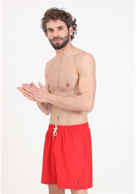Red men's swim shorts with contrasting side logo embroidery RALPH LAUREN | Beachwear | 710907255005RL2000 RED