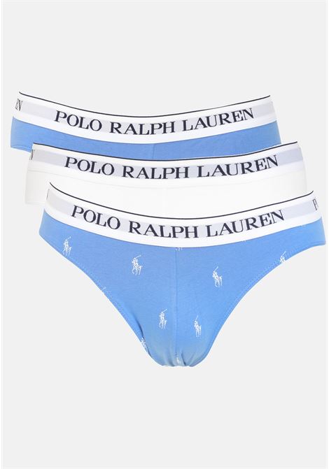 Set of 3 white and blue men's briefs with logoed elastic band RALPH LAUREN | 714840543017ISL AOPP/WHT/HB ISL BLU