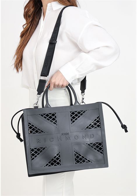 Black women's shopper bag with logoed fabric shoulder strap RICHMOND | RWP24031BOTABLACK