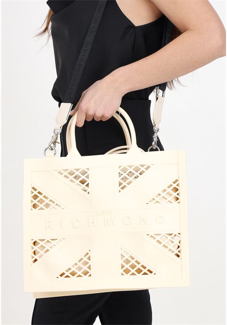 Beige women's shopper bag with logoed fabric shoulder strap RICHMOND | Bags | RWP24031BOTABONE