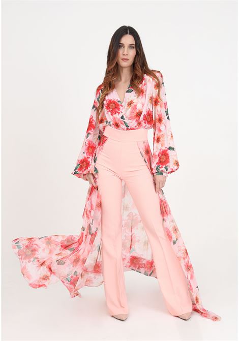 Pantaloni rosa da donna con veli a stampa floreale S#IT | Pantaloni | SH24027ROSA-PEONIA
