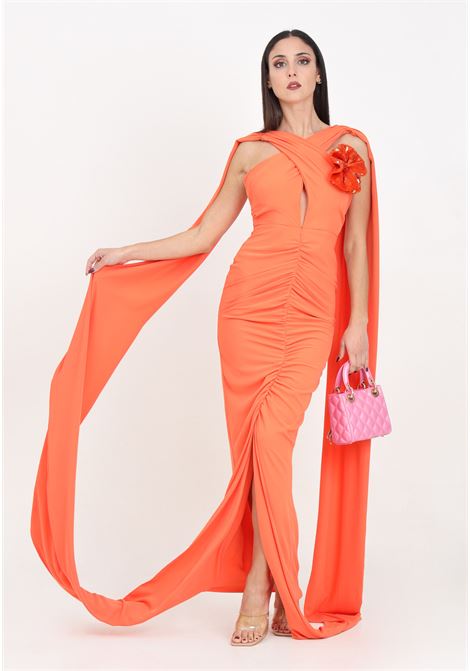 Long orange women's dress with sequined flower-shaped brooch SALVO MARTORANA | CANNES.