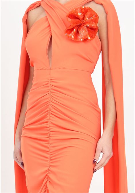 Long orange women's dress with sequined flower-shaped brooch SALVO MARTORANA | Dresses | CANNES.