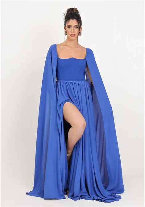 Long blue women's dress with sheer sleeves SANTAS | Dresses | SPV24001BLU