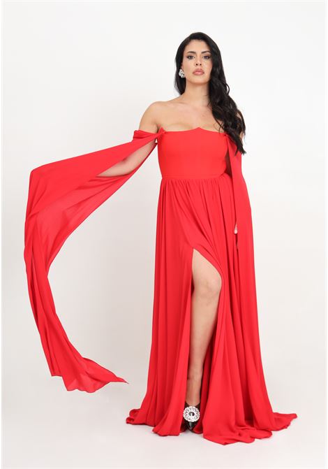 Long red women's dress with sheer sleeves SANTAS | Dresses | SPV24001ROSSO