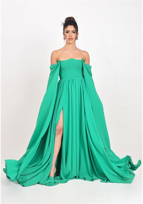 Long green women's dress with sheer sleeves SANTAS | SPV24001VERDE