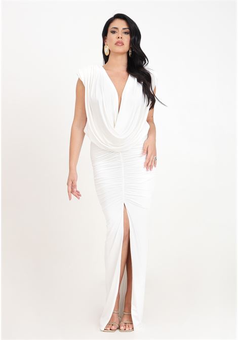 Long white women's dress with curls SANTAS | SPV24007BIANCO