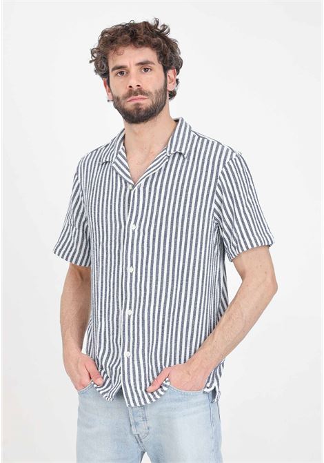 Men's short-sleeved shirt with blue and white vertical stripes SELECTED HOMME | 16089552Dark Sapphire
