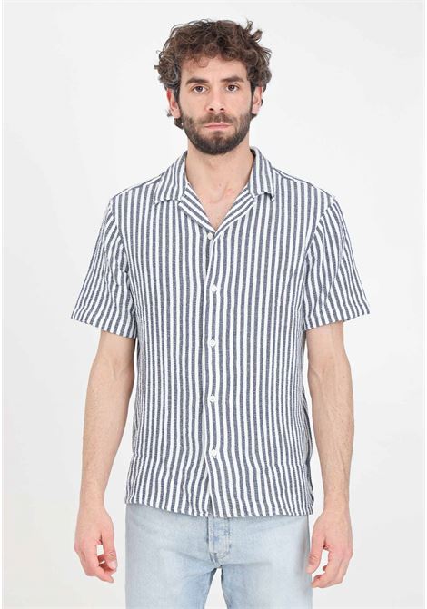 Men's short-sleeved shirt with blue and white vertical stripes SELECTED HOMME | Shirt | 16089552Dark Sapphire