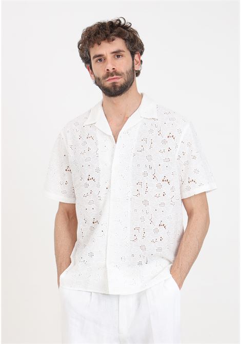 White men's shirt with perforated floral pattern SELECTED HOMME | Shirt | 16092789Bright White