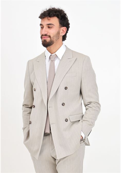 Sand-colored slim fit pinstriped double-breasted men's jacket SELECTED HOMME | 16092951Sand