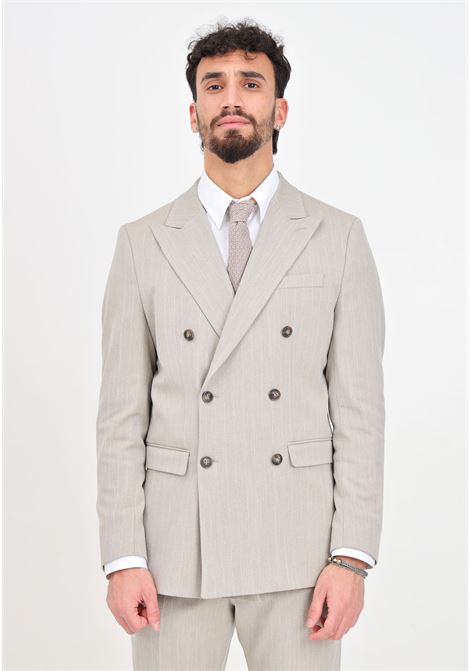 Sand-colored slim fit pinstriped double-breasted men's jacket SELECTED HOMME | 16092951Sand