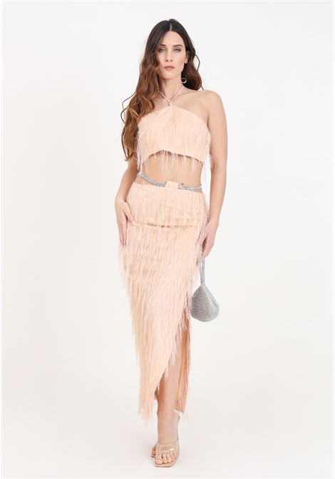 Long nude women's skirt with fringe details and rhinestone belt SIMONA CORSELLINI | Skirts | P24CEGO012-01-TFLC00130117