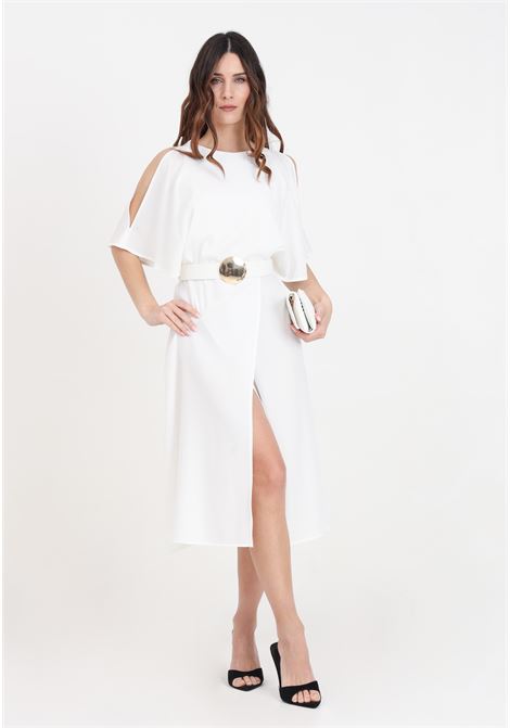 White women's midi dress with golden metal detail belt SIMONA CORSELLINI | P24CPAB077-01-TTEC00100359