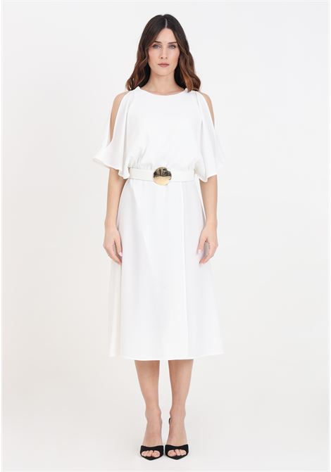 White women's midi dress with golden metal detail belt SIMONA CORSELLINI | Dresses | P24CPAB077-01-TTEC00100359