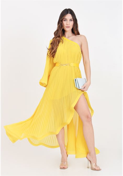 Long yellow women's dress in pleated georgette SIMONA CORSELLINI | Dresses | P24CPAB087-01-TGEO00010666