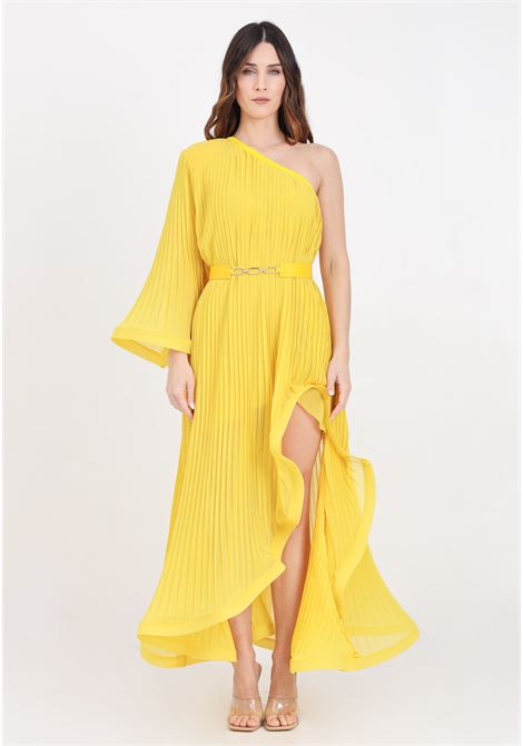 Long yellow women's dress in pleated georgette SIMONA CORSELLINI | Dresses | P24CPAB087-01-TGEO00010666