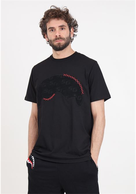 T-shirt nera da uomo con bocca squalo ricamata SPRAYGROUND | SP471.