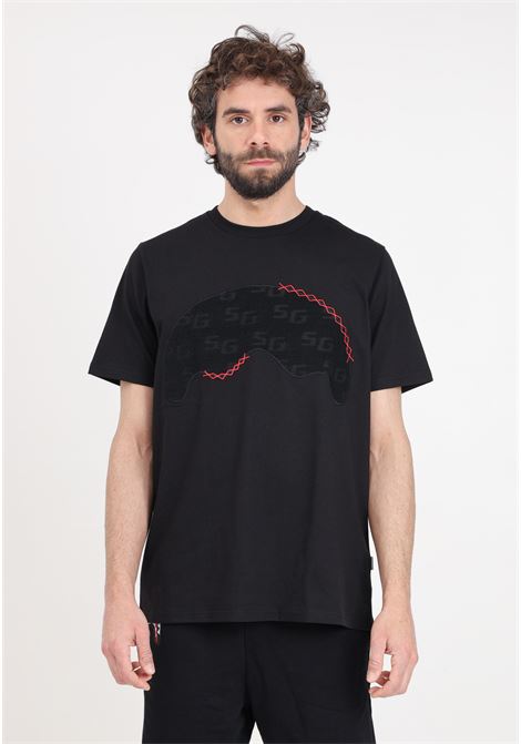 T-shirt nera da uomo con bocca squalo ricamata SPRAYGROUND | T-shirt | SP471.