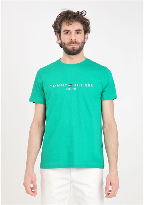 T-shirt da uomo verde con maxi ricamo logo sul davanti TOMMY HILFIGER | T-shirt | MW0MW11797L4BL4B