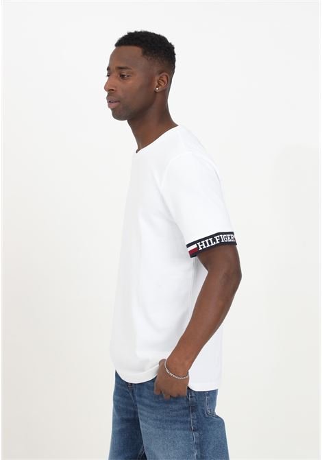 T-shirt bianca mezza manica da uomo righe sui bordi delle maniche TOMMY HILFIGER | T-shirt | MW0MW33678YBRYBR