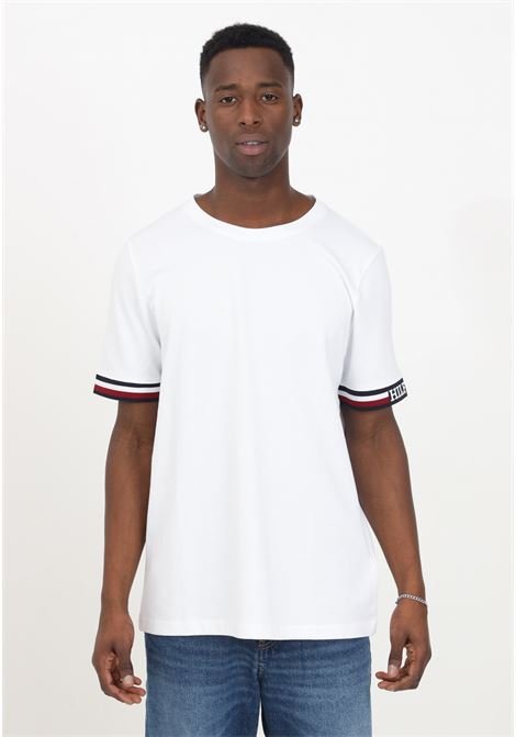 T-shirt bianca mezza manica da uomo righe sui bordi delle maniche TOMMY HILFIGER | MW0MW33678YBRYBR