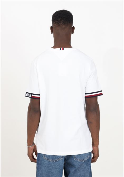 T-shirt bianca mezza manica da uomo righe sui bordi delle maniche TOMMY HILFIGER | MW0MW33678YBRYBR